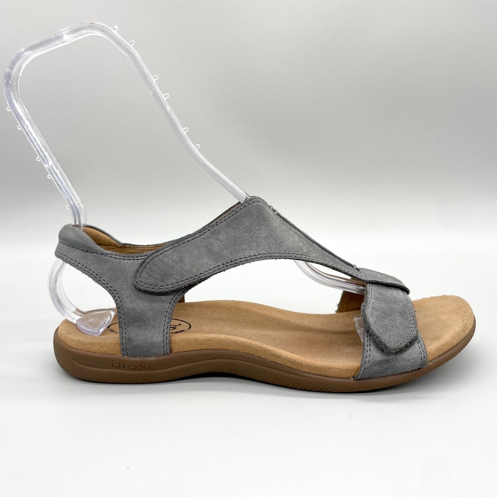 Taos Womens 10 the Show Sandals Grey Leather T Strap Comfort Shoes Walking Boho